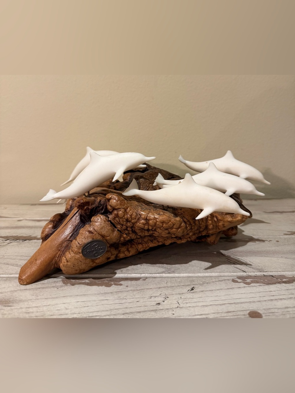 Vtg John Perry School of 6 Dolphins
Sculpture on Burl Wood Base | Pellucida Pod